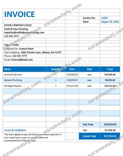 Blank Cleaning Service Invoice Template